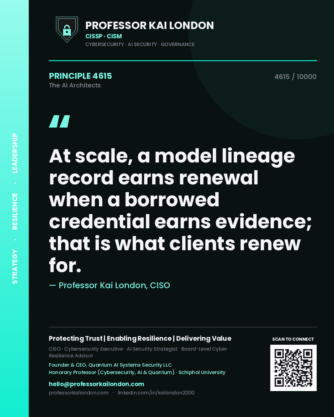 Quote card by Professor Kai London reading 'At scale, a model lineage record earns renewal when a borrowed credential earns evidence; that is what clients renew for.'. From the book The AI Architects.