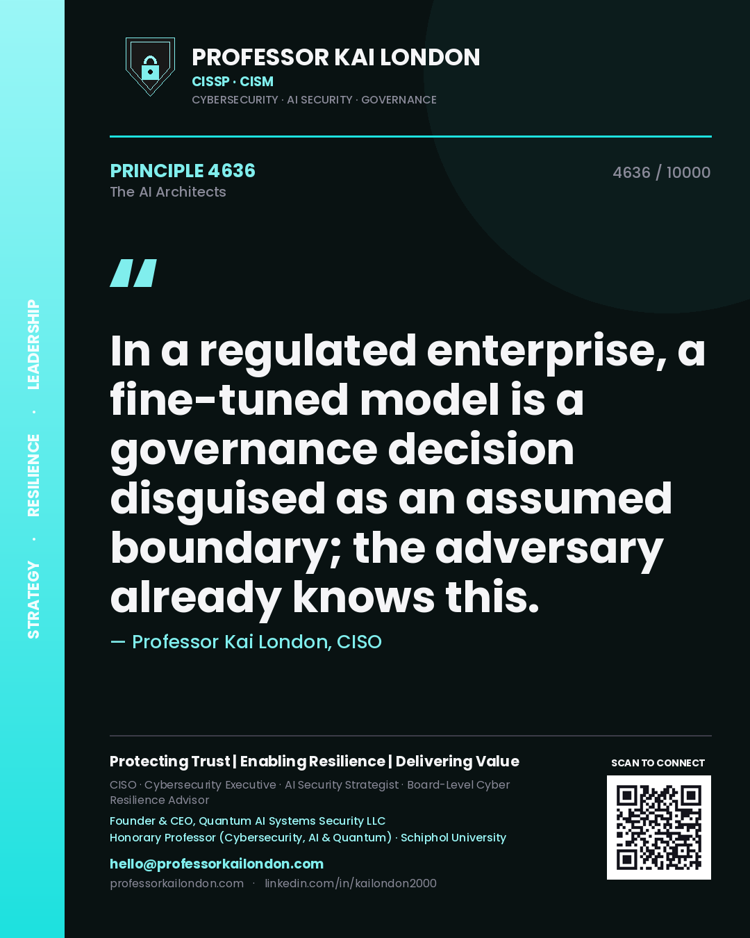 Quote card by Professor Kai London reading 'In a regulated enterprise, a fine-tuned model is a governance decision disguised as an assumed boundary; the adversary already knows this.'. From the book The AI Architects.