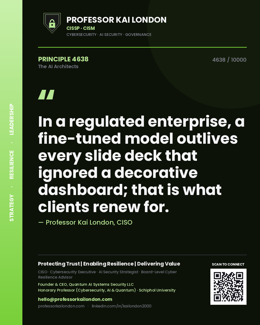 Quote card by Professor Kai London reading 'In a regulated enterprise, a fine-tuned model outlives every slide deck that ignored a decorative dashboard; that is what clients renew for.'. From the book The AI Architects.