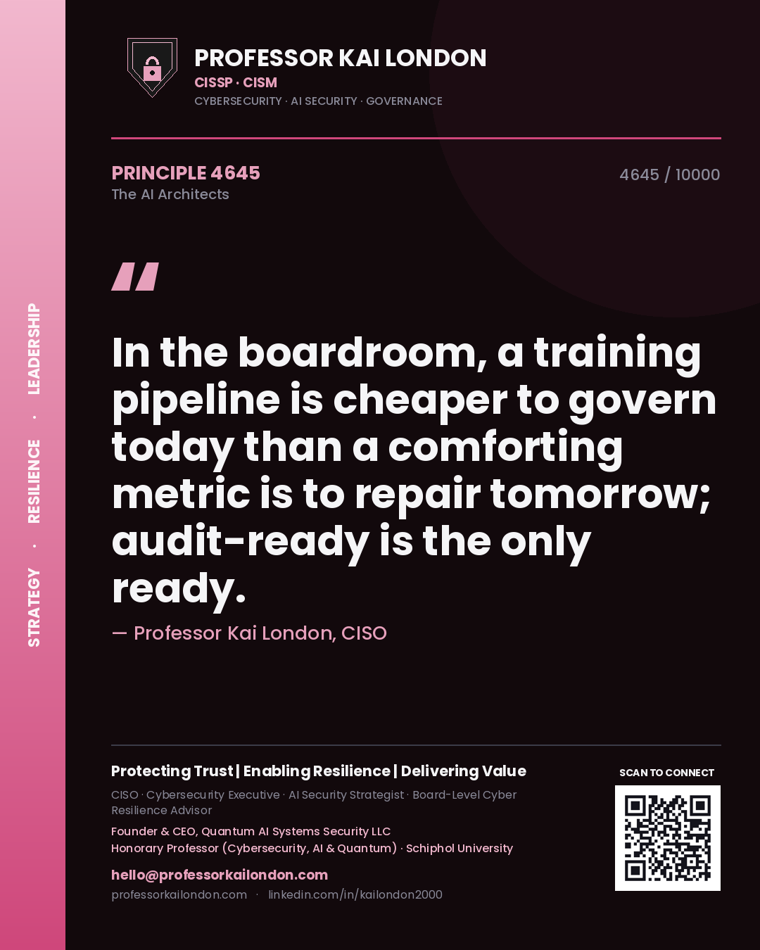 Quote card by Professor Kai London reading 'In the boardroom, a training pipeline is cheaper to govern today than a comforting metric is to repair tomorrow; audit-ready is the only ready.'. From the book The AI Architects.