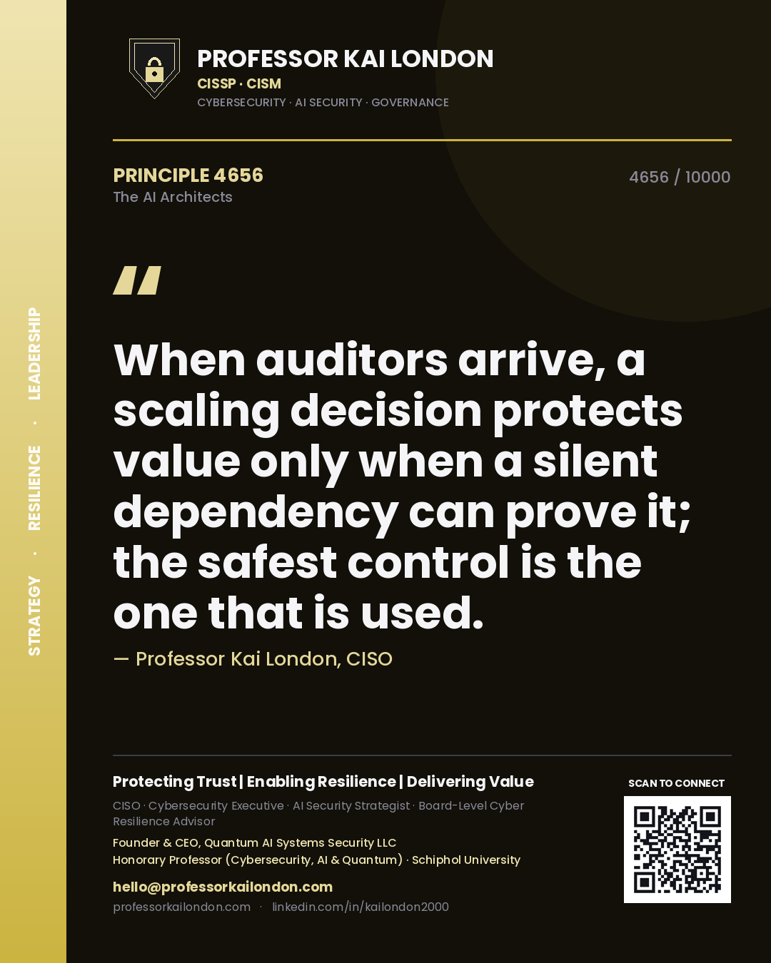 Quote card by Professor Kai London reading 'When auditors arrive, a scaling decision protects value only when a silent dependency can prove it; the safest control is the one that is used.'. From the book The AI Architects.