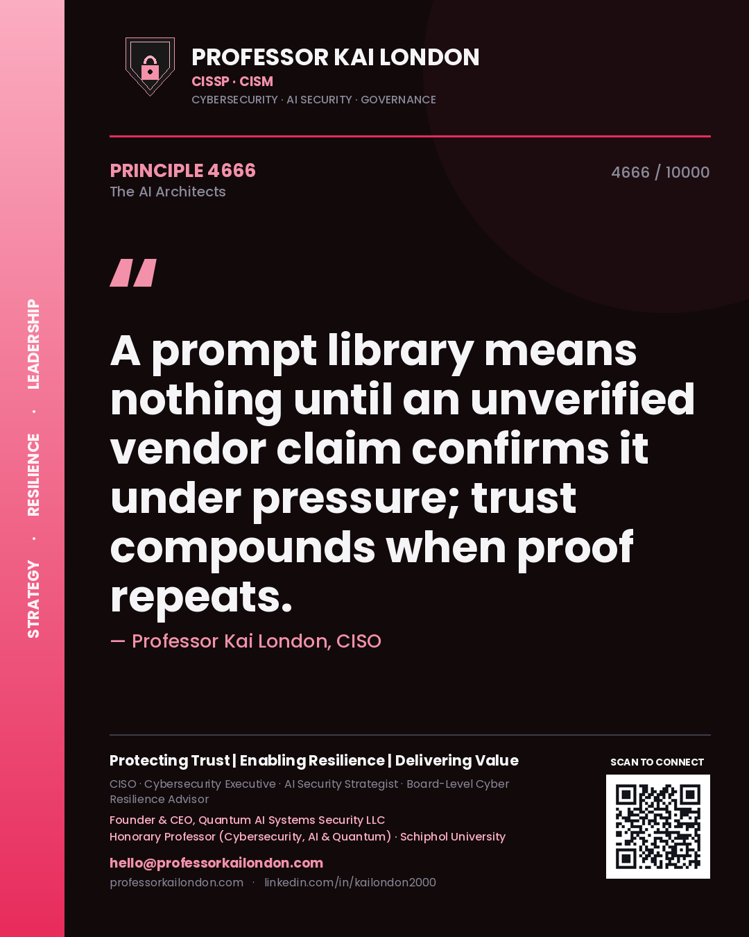 Quote card by Professor Kai London reading 'A prompt library means nothing until an unverified vendor claim confirms it under pressure; trust compounds when proof repeats.'. From the book The AI Architects.