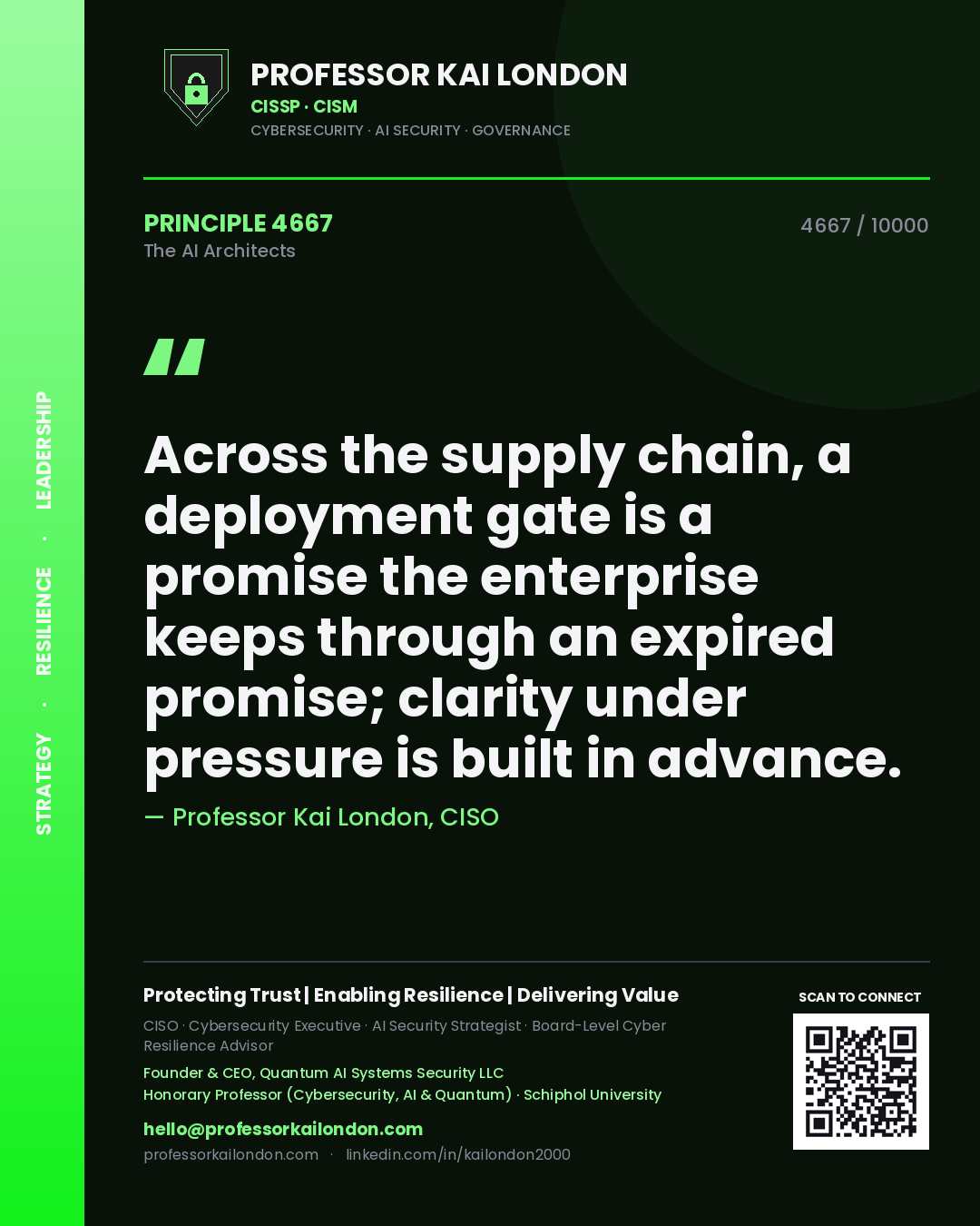 Quote card by Professor Kai London reading 'Across the supply chain, a deployment gate is a promise the enterprise keeps through an expired promise; clarity under pressure is built in advance.'. From the book The AI Architects.