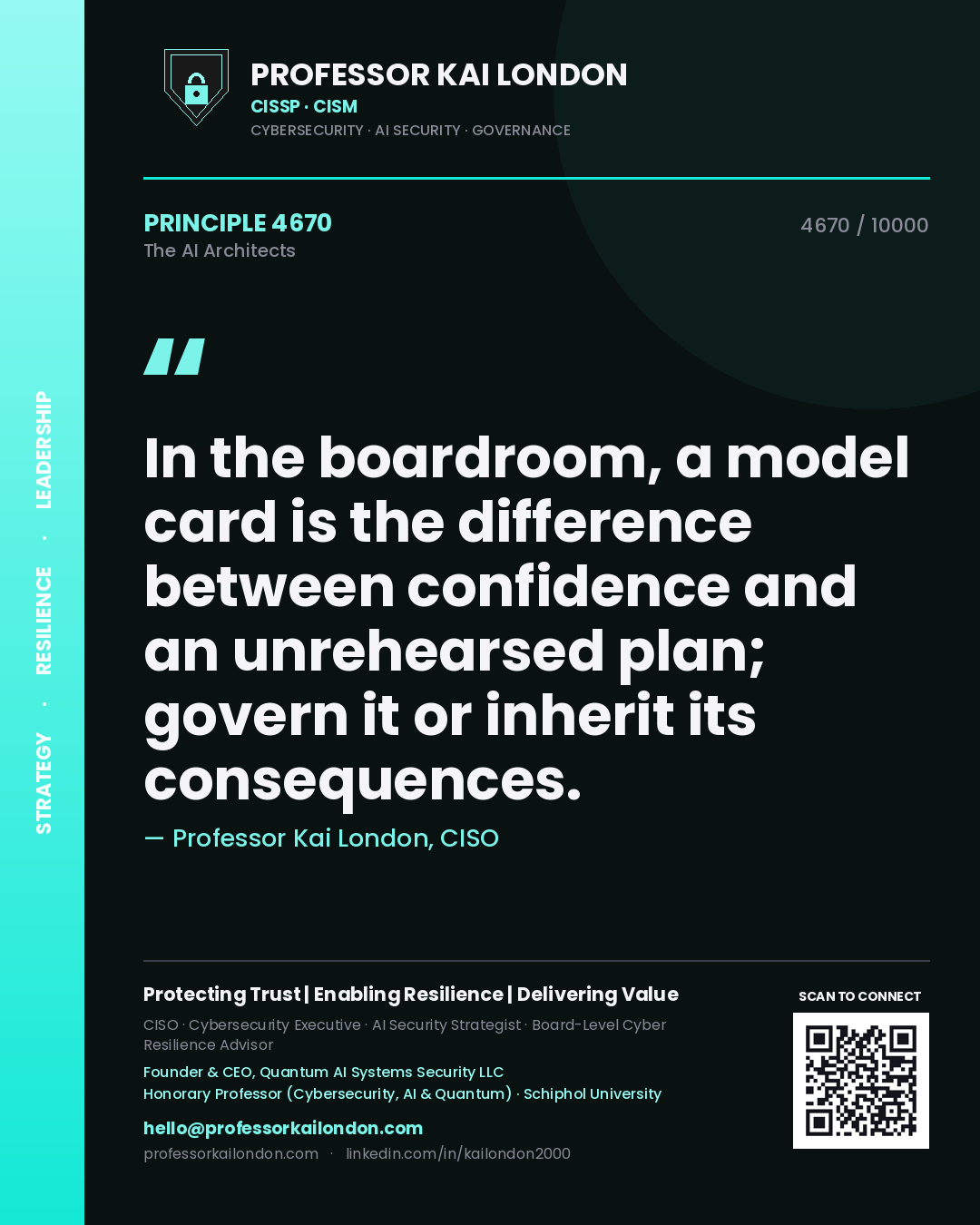 Quote card by Professor Kai London reading 'In the boardroom, a model card is the difference between confidence and an unrehearsed plan; govern it or inherit its consequences.'. From the book The AI Architects.