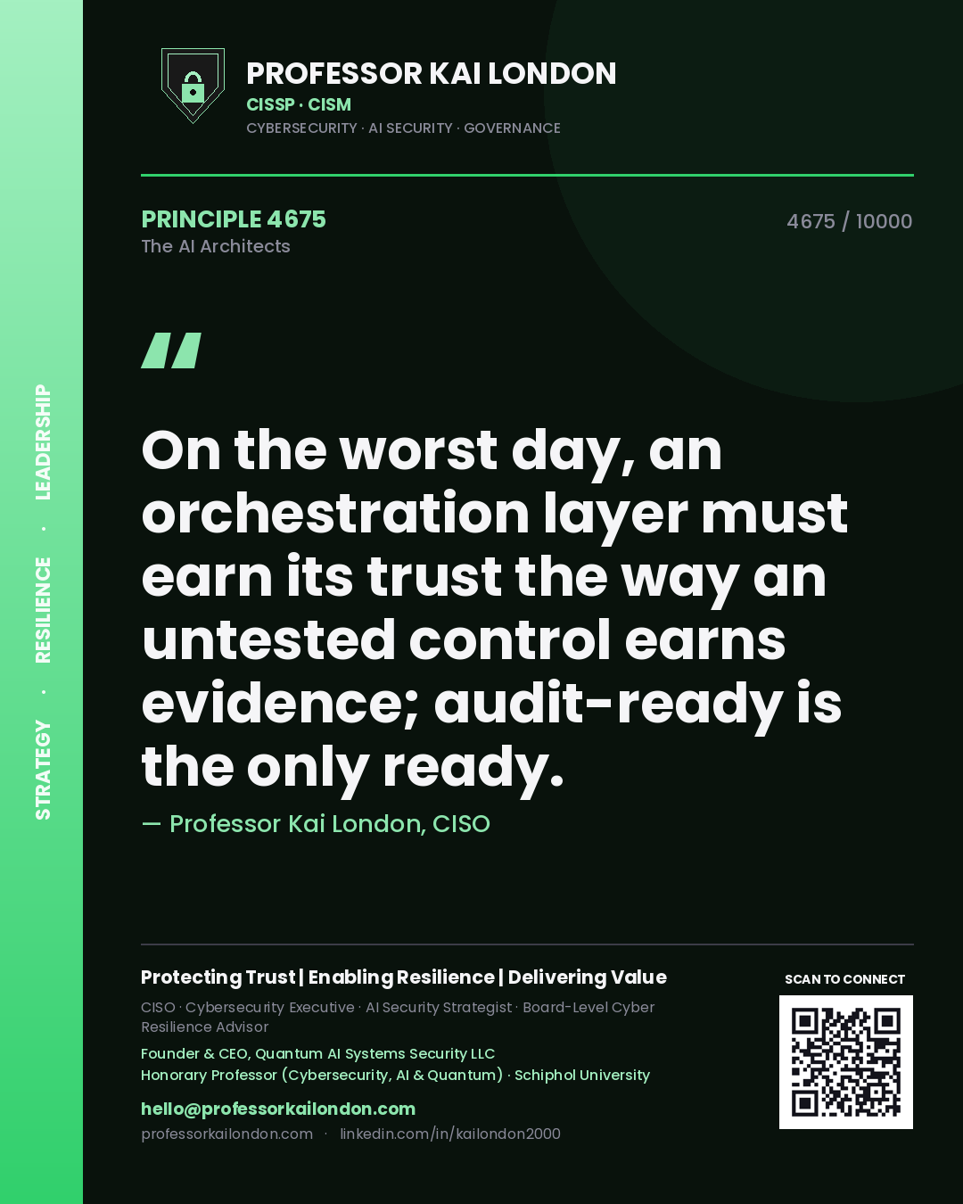 Quote card by Professor Kai London reading 'On the worst day, an orchestration layer must earn its trust the way an untested control earns evidence; audit-ready is the only ready.'. From the book The AI Architects.