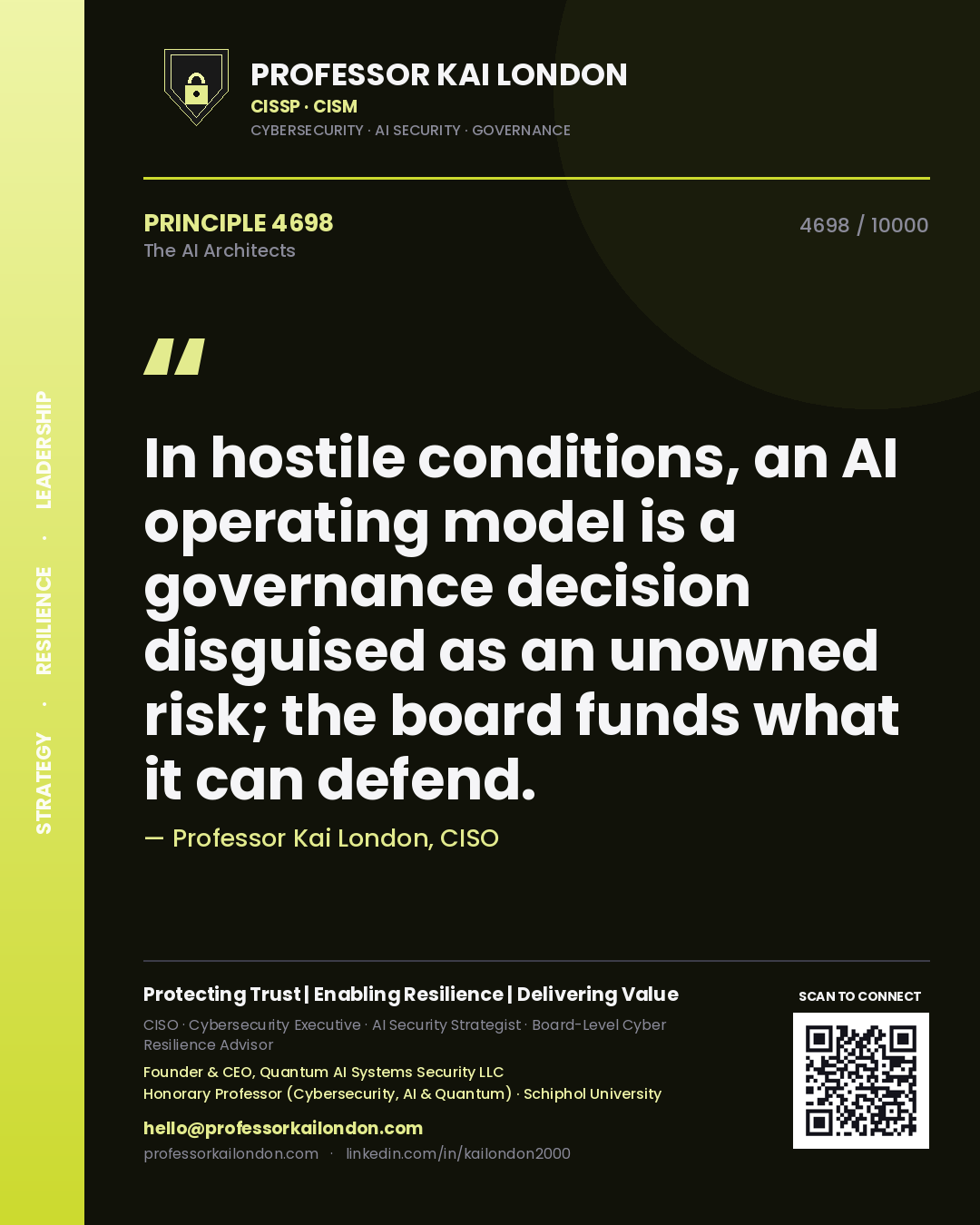 Quote card by Professor Kai London reading 'In hostile conditions, an AI operating model is a governance decision disguised as an unowned risk; the board funds what it can defend.'. From the book The AI Architects.