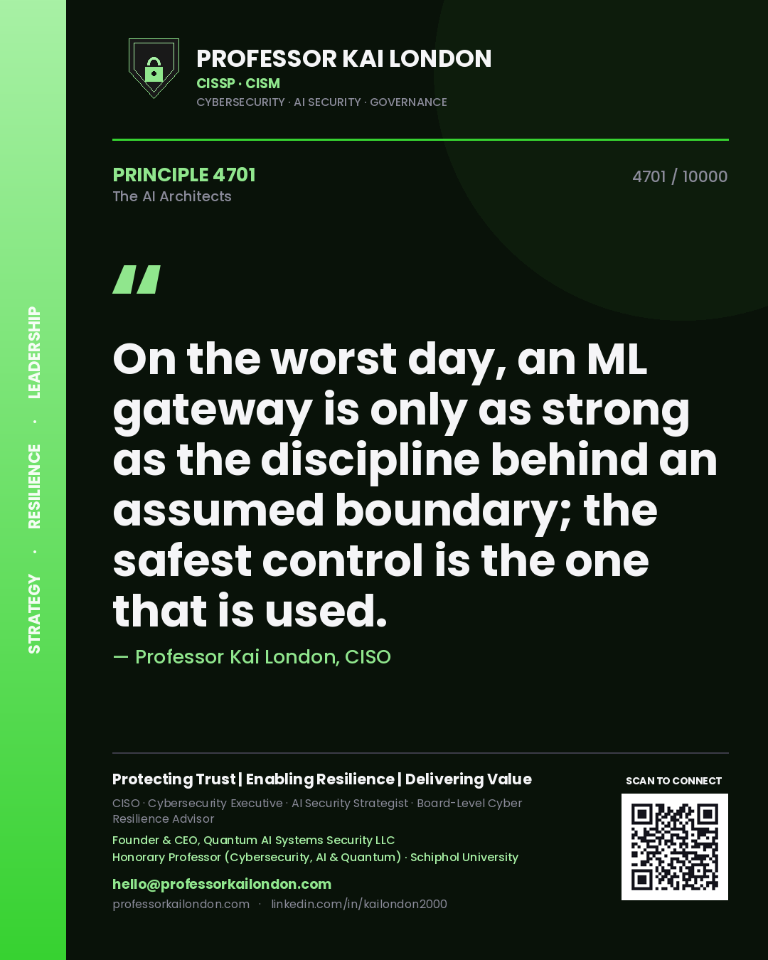 Quote card by Professor Kai London reading 'On the worst day, an ML gateway is only as strong as the discipline behind an assumed boundary; the safest control is the one that is used.'. From the book The AI Architects.