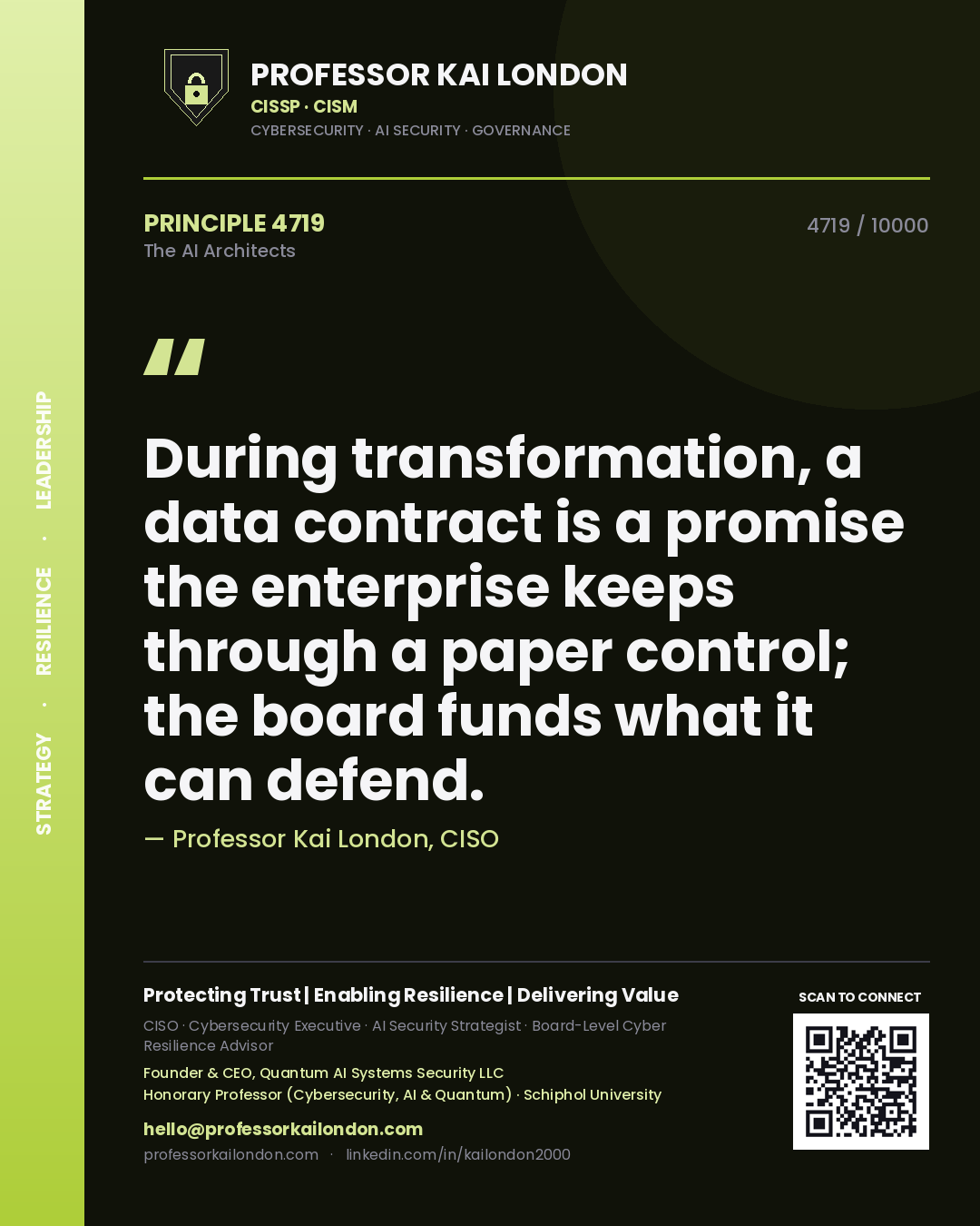 Professor Kai London principle 4719: During transformation, a data contract is a promise the enterprise keeps through a paper control; the board funds what it can defend.