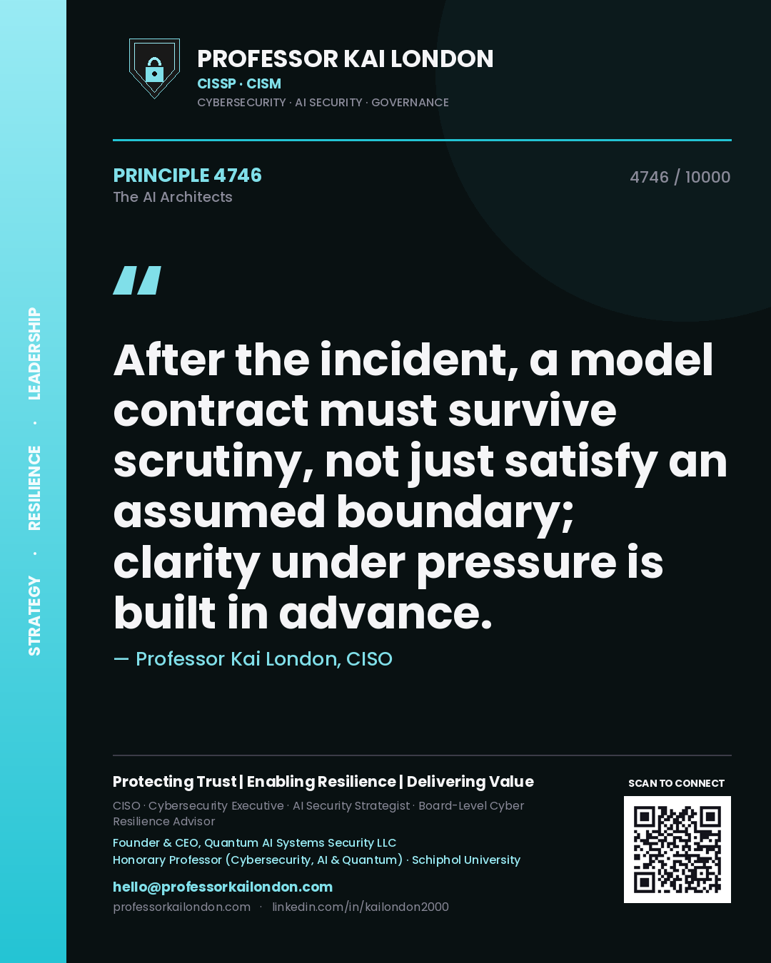 Professor Kai London principle 4746: After the incident, a model contract must survive scrutiny, not just satisfy an assumed boundary; clarity under pressure is built in advance.