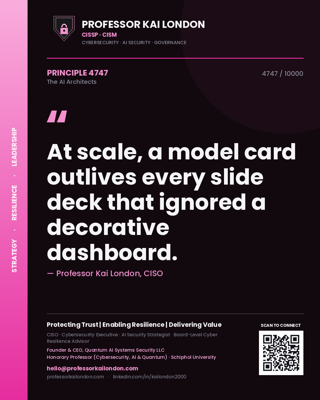 Professor Kai London principle 4747: At scale, a model card outlives every slide deck that ignored a decorative dashboard.