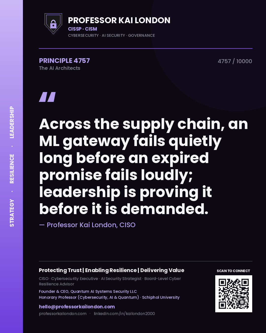 Professor Kai London principle 4757: Across the supply chain, an ML gateway fails quietly long before an expired promise fails loudly; leadership is proving it before it is demanded.