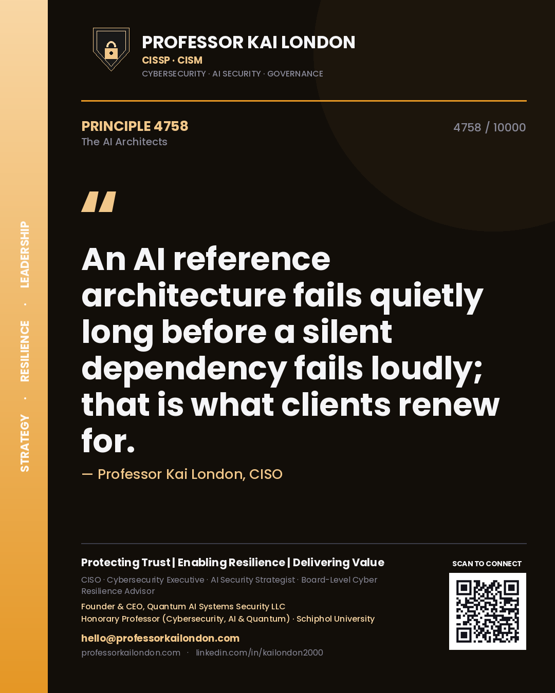 Professor Kai London principle 4758: An AI reference architecture fails quietly long before a silent dependency fails loudly; that is what clients renew for.