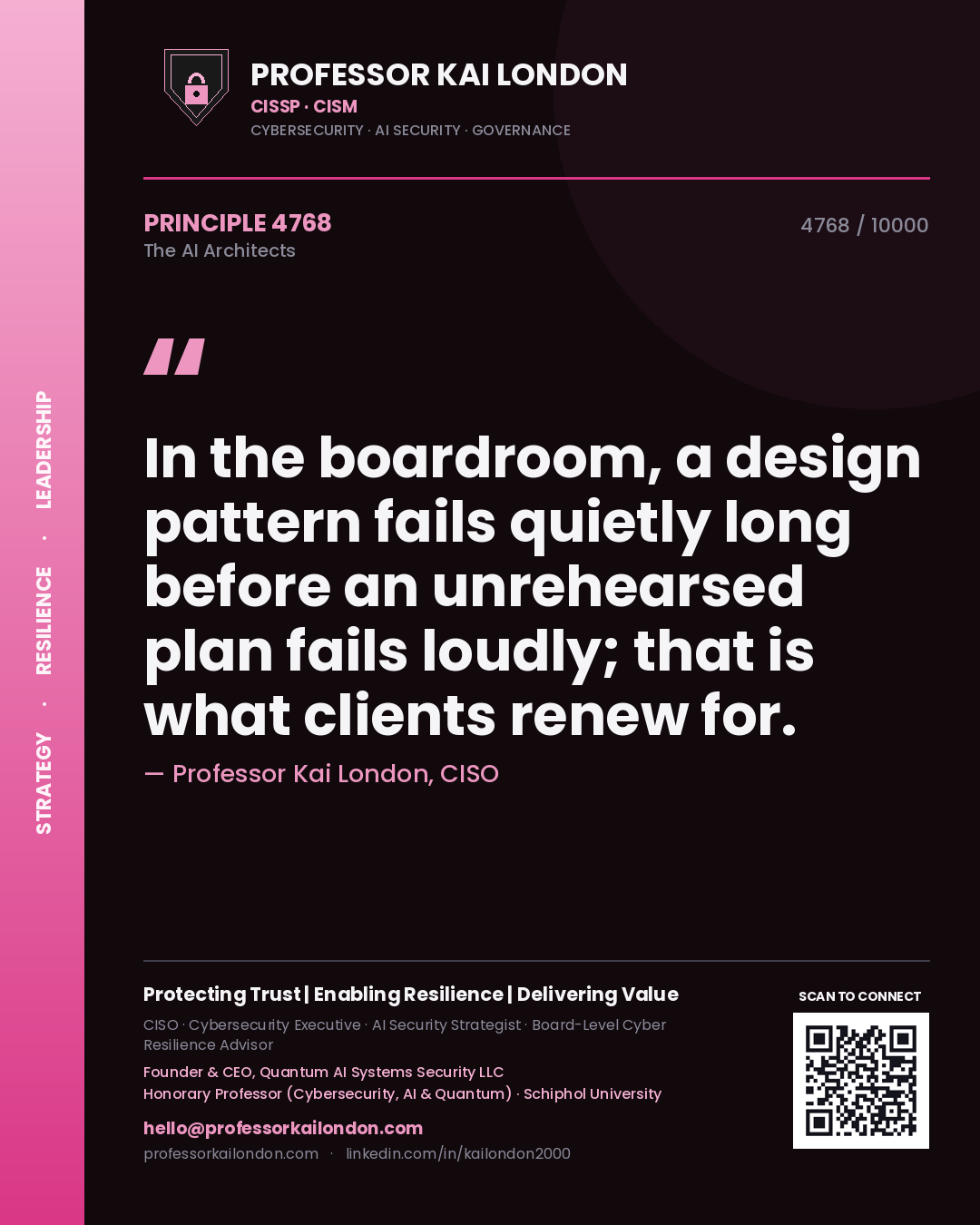 Professor Kai London principle 4768: In the boardroom, a design pattern fails quietly long before an unrehearsed plan fails loudly; that is what clients renew for.