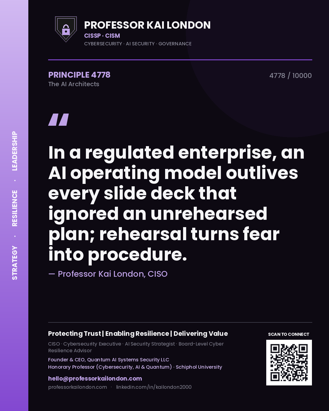 Professor Kai London principle 4778: In a regulated enterprise, an AI operating model outlives every slide deck that ignored an unrehearsed plan; rehearsal turns fear into procedure.