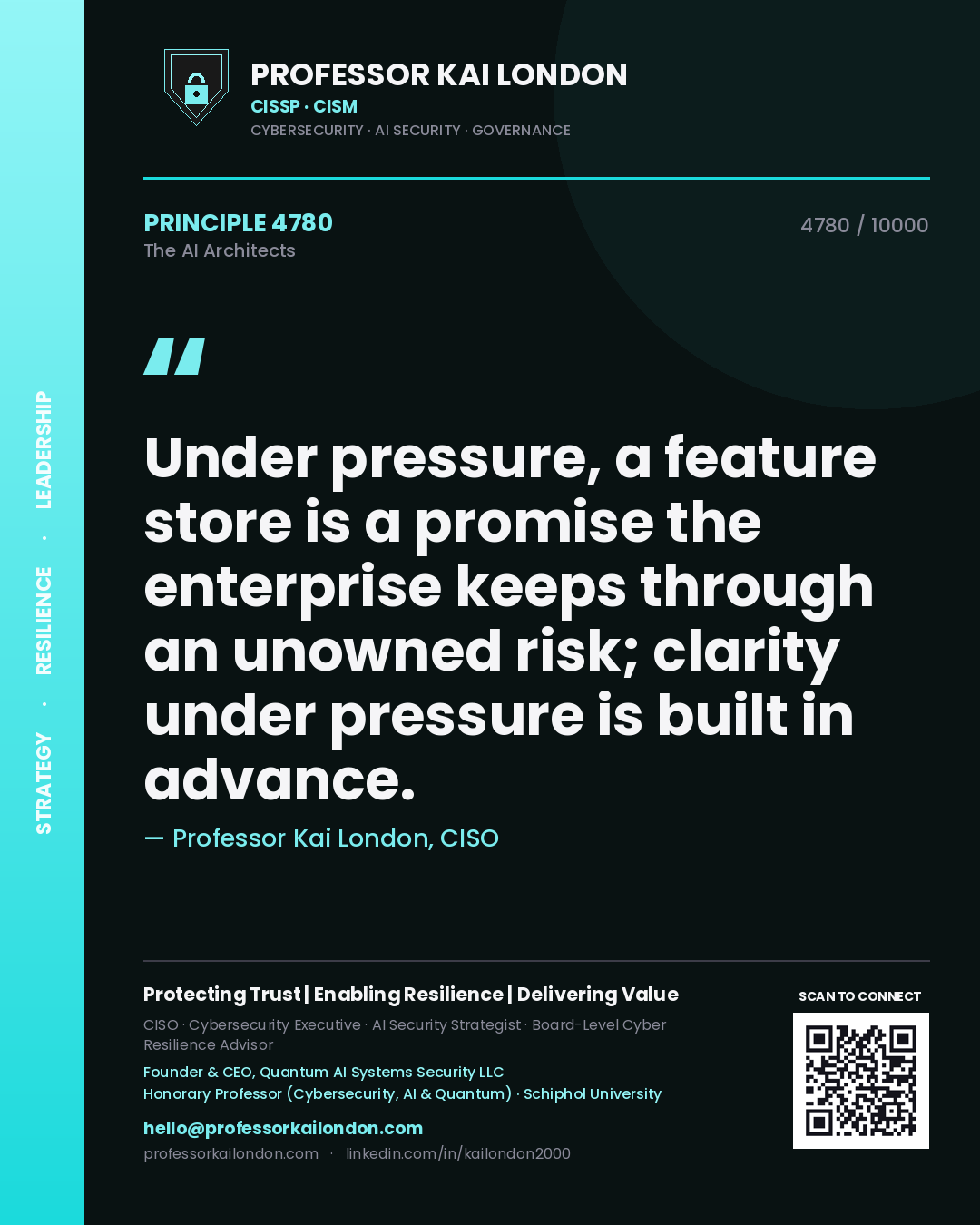 Professor Kai London principle 4780: Under pressure, a feature store is a promise the enterprise keeps through an unowned risk; clarity under pressure is built in advance.