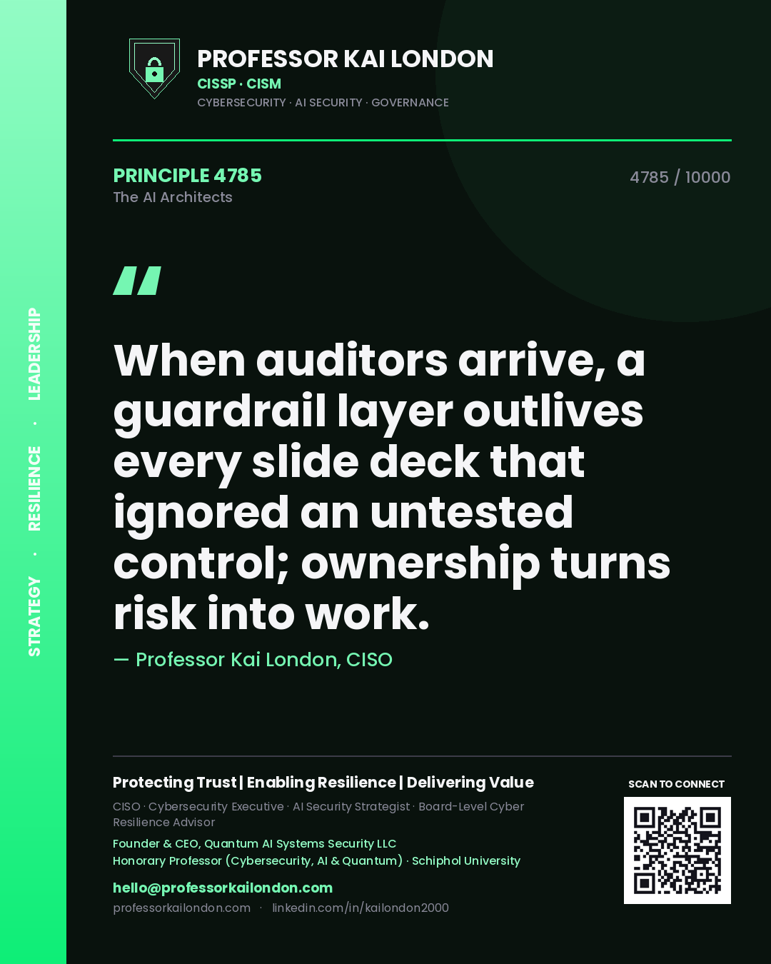 Quote card by Professor Kai London reading 'When auditors arrive, a guardrail layer outlives every slide deck that ignored an untested control; ownership turns risk into work.'. From the book The AI Architects.