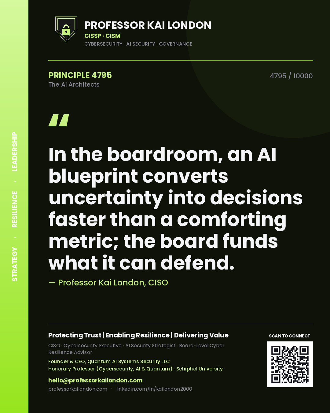 Quote card by Professor Kai London reading 'In the boardroom, an AI blueprint converts uncertainty into decisions faster than a comforting metric; the board funds what it can defend.'. From the book The AI Architects.