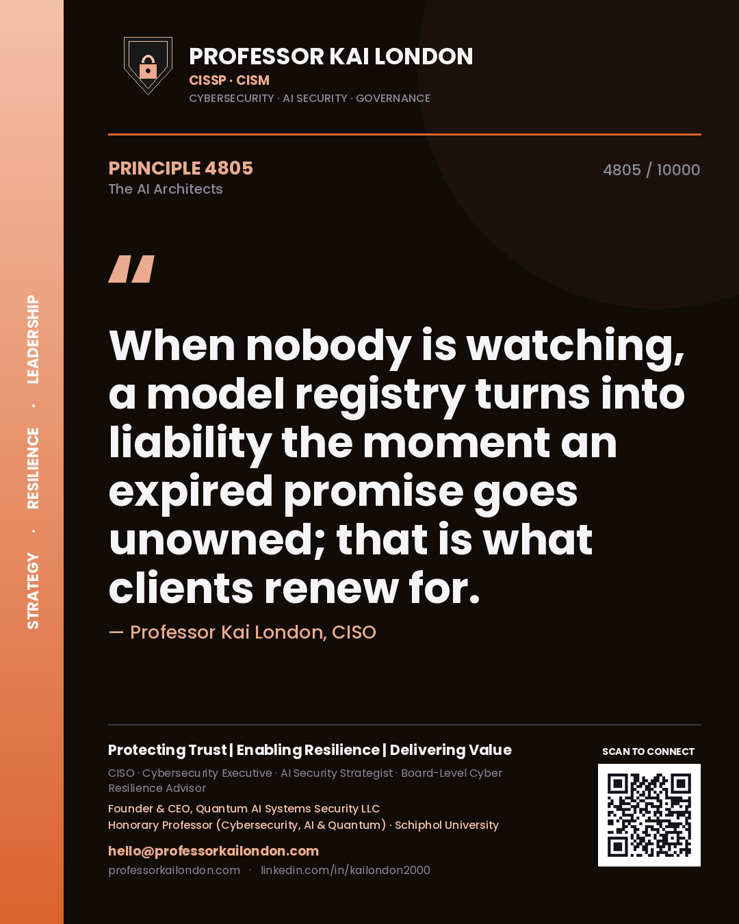 Quote card by Professor Kai London reading 'When nobody is watching, a model registry turns into liability the moment an expired promise goes unowned; that is what clients renew for.'. From the book The AI Architects.