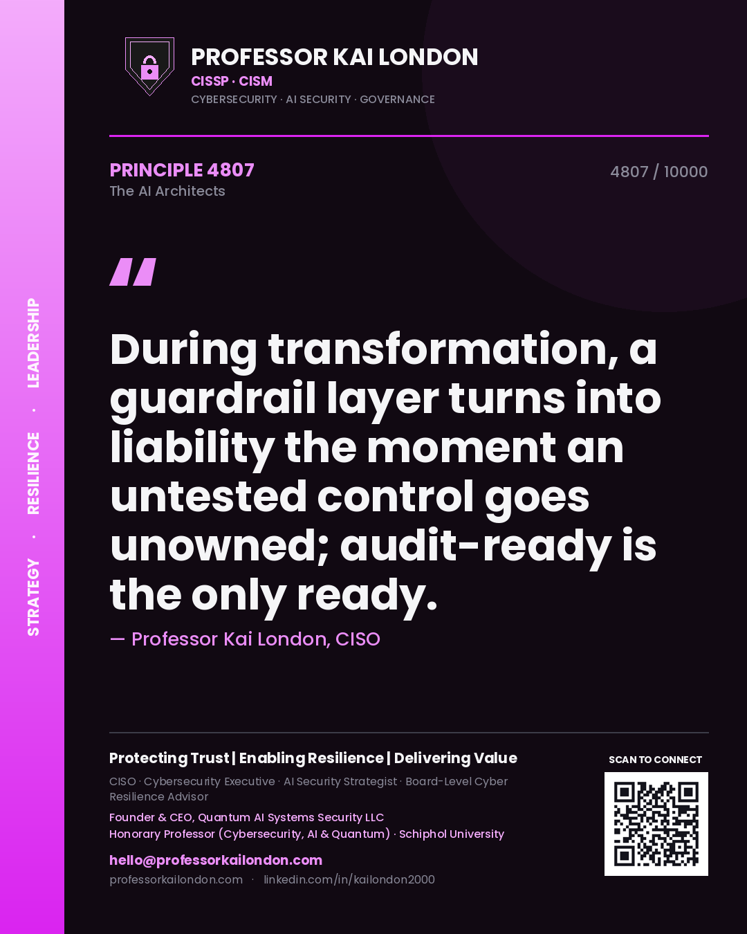 Professor Kai London principle 4807: During transformation, a guardrail layer turns into liability the moment an untested control goes unowned; audit-ready is the only ready.