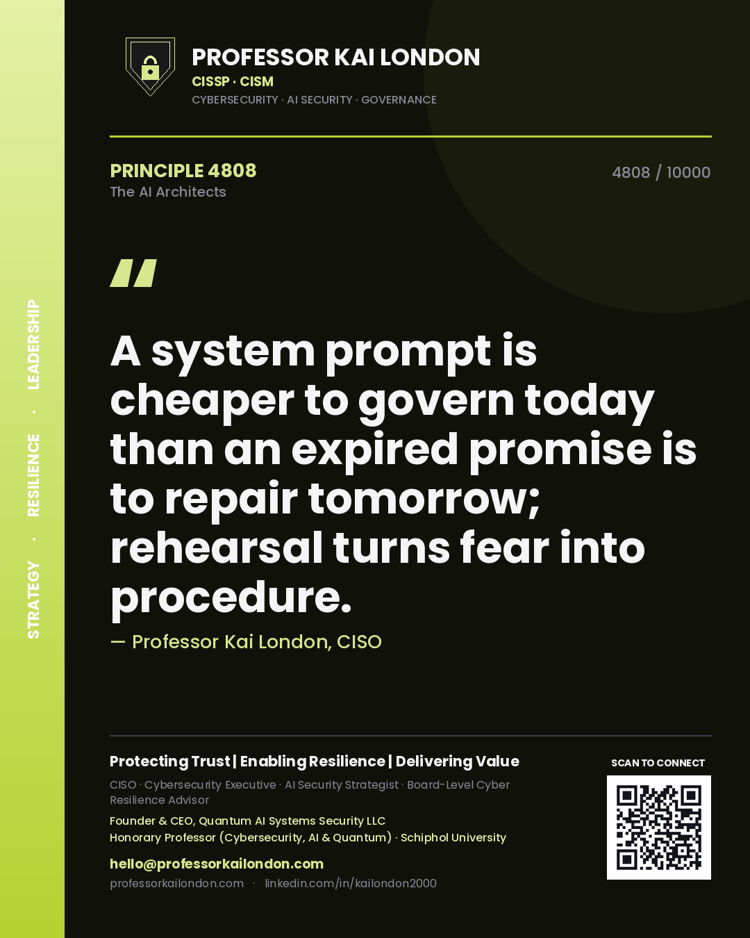 Professor Kai London principle 4808: A system prompt is cheaper to govern today than an expired promise is to repair tomorrow; rehearsal turns fear into procedure.