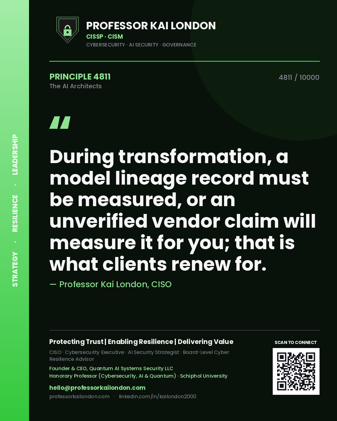 Quote card by Professor Kai London reading 'During transformation, a model lineage record must be measured, or an unverified vendor claim will measure it for you; that is what clients renew for.'. From the book The AI Architects.