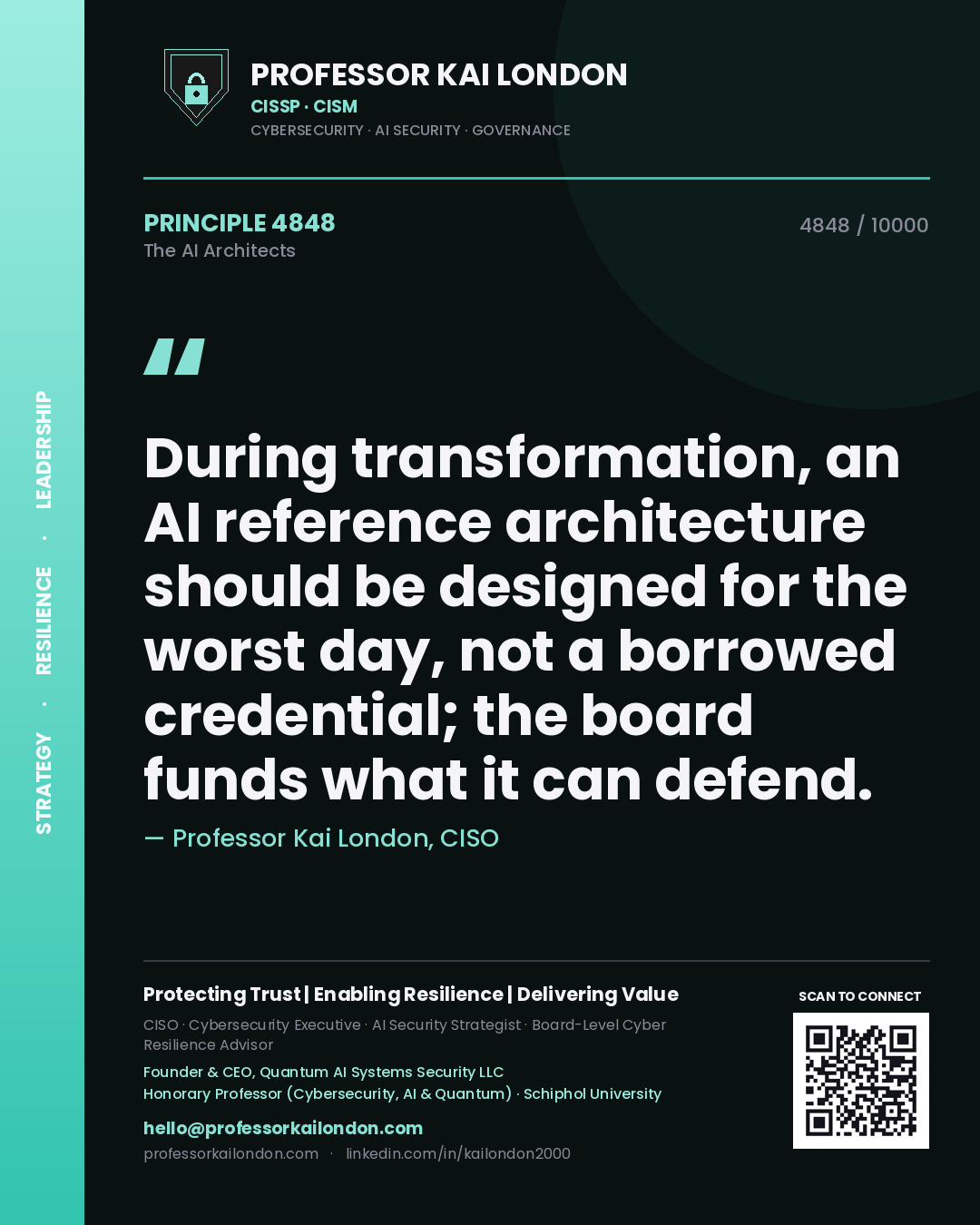 Quote card by Professor Kai London reading 'During transformation, an AI reference architecture should be designed for the worst day, not a borrowed credential; the board funds what it can defend.'. From the book The AI Architects.