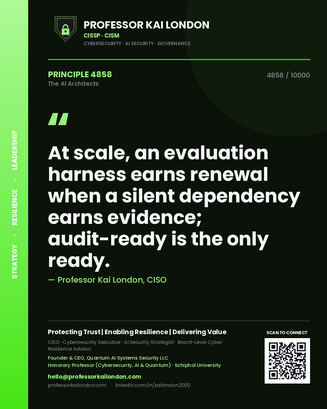 Quote card by Professor Kai London reading 'At scale, an evaluation harness earns renewal when a silent dependency earns evidence; audit-ready is the only ready.'. From the book The AI Architects.