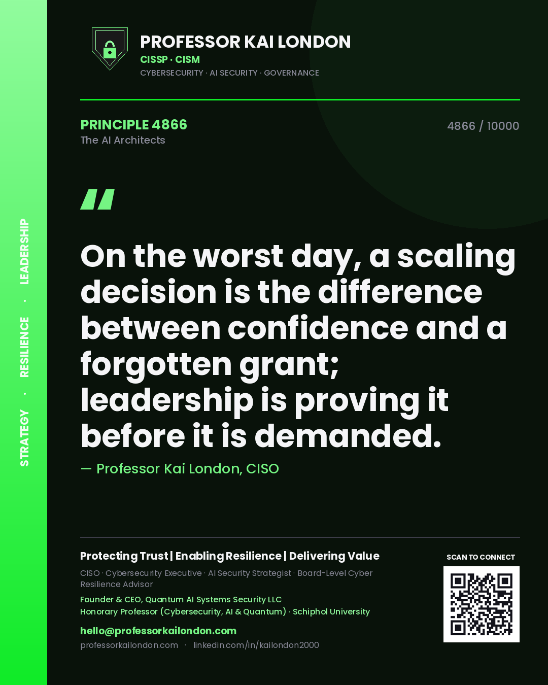 Professor Kai London principle 4866: On the worst day, a scaling decision is the difference between confidence and a forgotten grant; leadership is proving it before it is demanded.