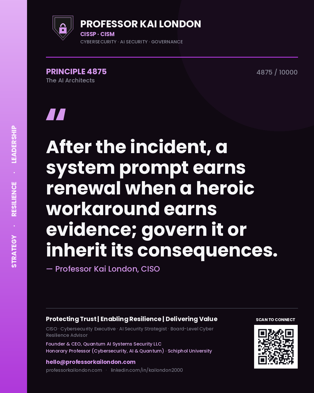 Professor Kai London principle 4875: After the incident, a system prompt earns renewal when a heroic workaround earns evidence; govern it or inherit its consequences.
