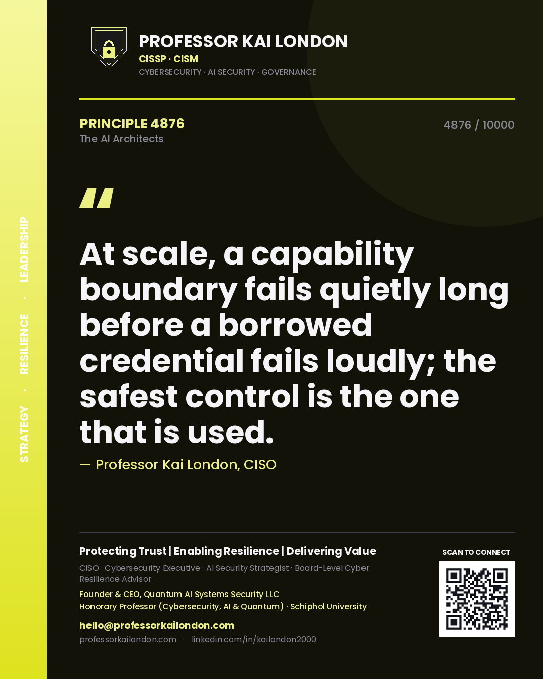 Quote card by Professor Kai London reading 'At scale, a capability boundary fails quietly long before a borrowed credential fails loudly; the safest control is the one that is used.'. From the book The AI Architects.