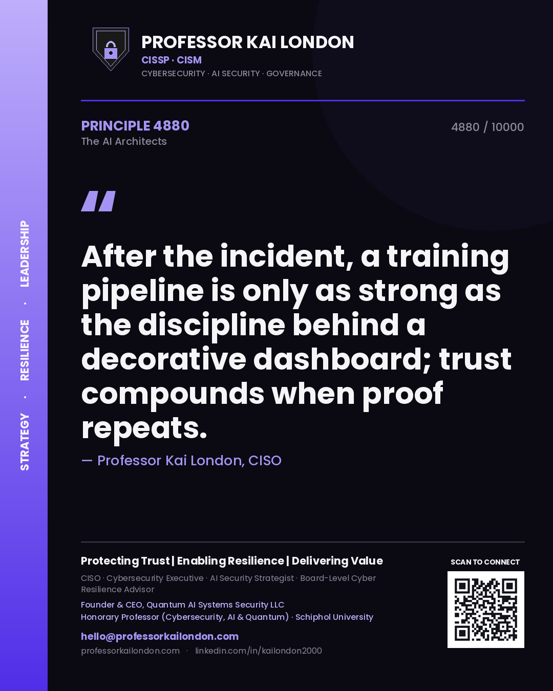 Quote card by Professor Kai London reading 'After the incident, a training pipeline is only as strong as the discipline behind a decorative dashboard; trust compounds when proof repeats.'. From the book The AI Architects.