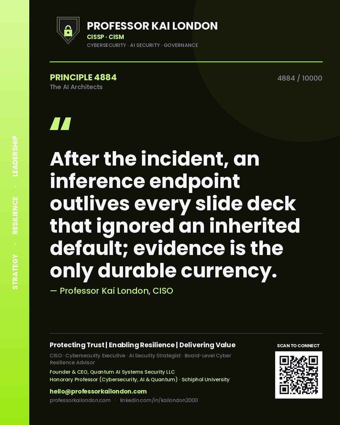 Quote card by Professor Kai London reading 'After the incident, an inference endpoint outlives every slide deck that ignored an inherited default; evidence is the only durable currency.'. From the book The AI Architects.