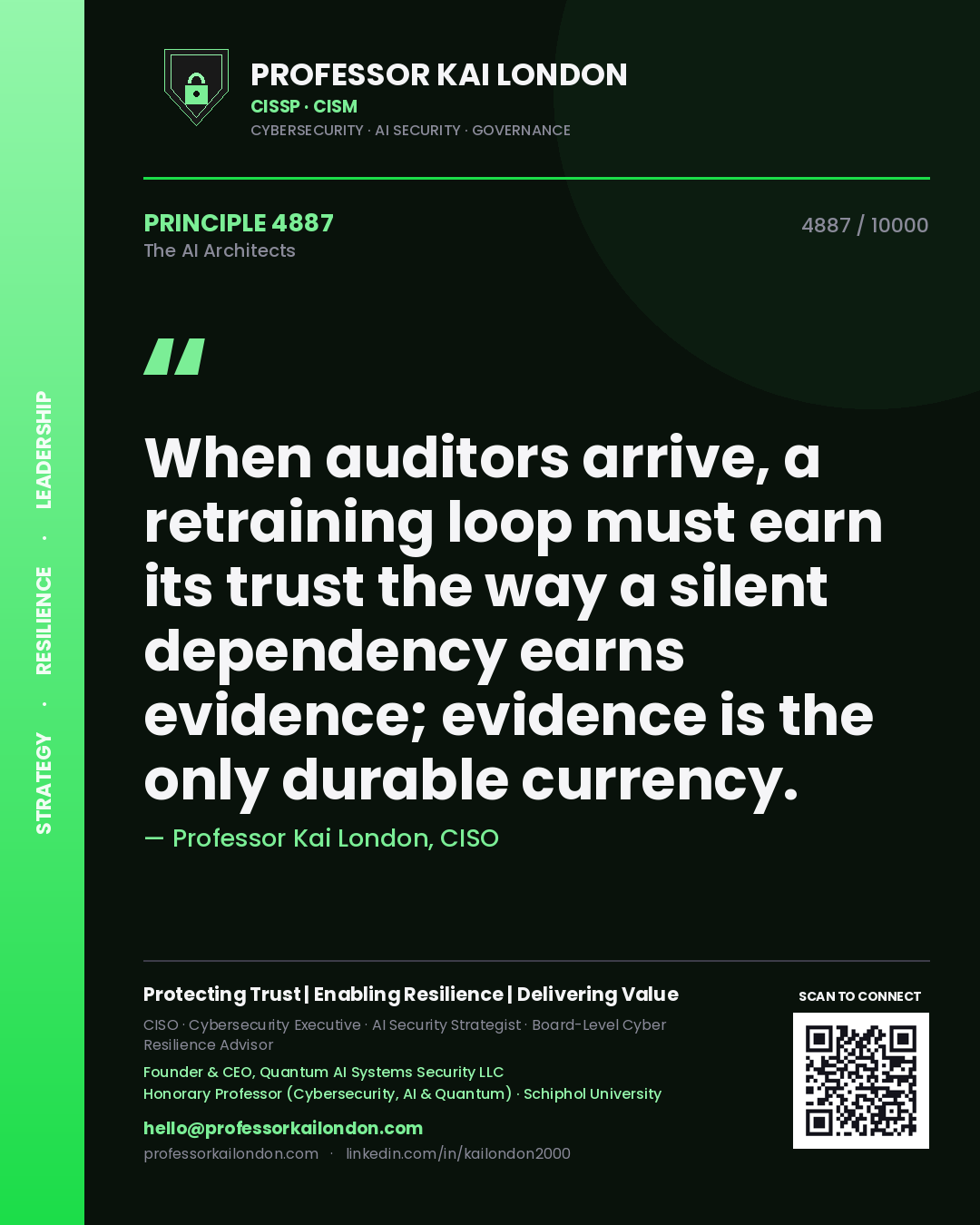 Quote card by Professor Kai London reading 'When auditors arrive, a retraining loop must earn its trust the way a silent dependency earns evidence; evidence is the only durable currency.'. From the book The AI Architects.