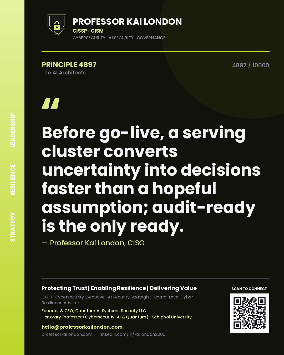 Quote card by Professor Kai London reading 'Before go-live, a serving cluster converts uncertainty into decisions faster than a hopeful assumption; audit-ready is the only ready.'. From the book The AI Architects.