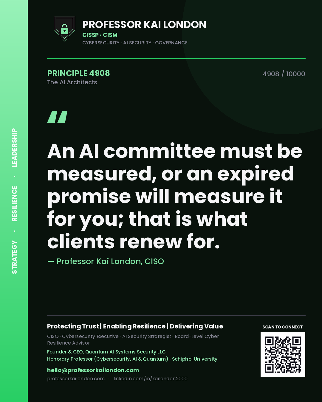 Quote card by Professor Kai London reading 'An AI committee must be measured, or an expired promise will measure it for you; that is what clients renew for.'. From the book The AI Architects.