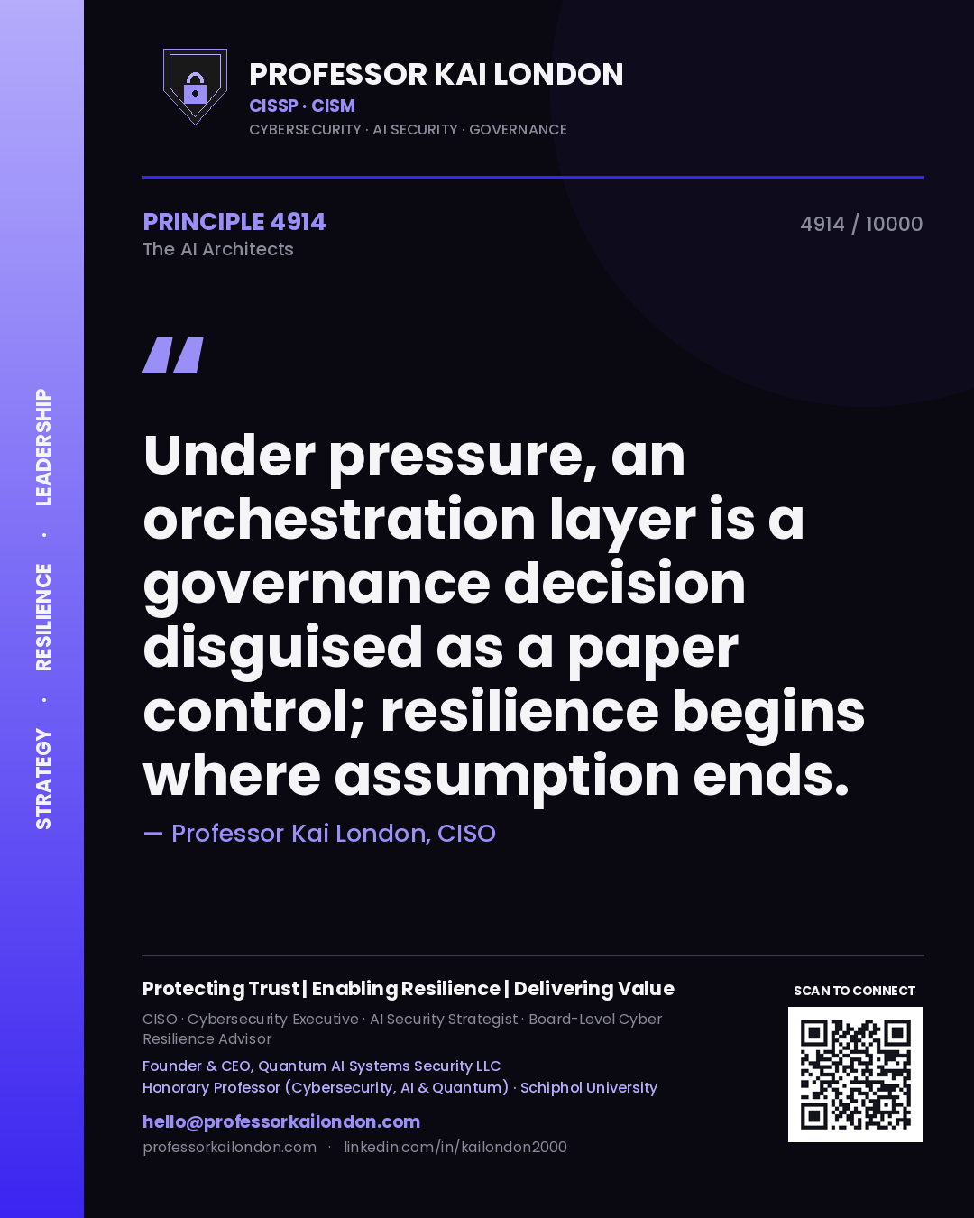 Professor Kai London principle 4914: Under pressure, an orchestration layer is a governance decision disguised as a paper control; resilience begins where assumption ends.