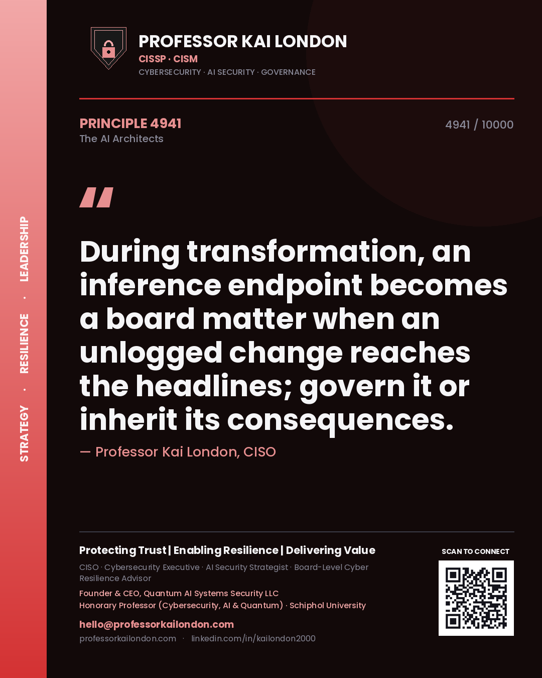 Quote card by Professor Kai London reading 'During transformation, an inference endpoint becomes a board matter when an unlogged change reaches the headlines; govern it or inherit its consequences.'. From the book The AI Architects.