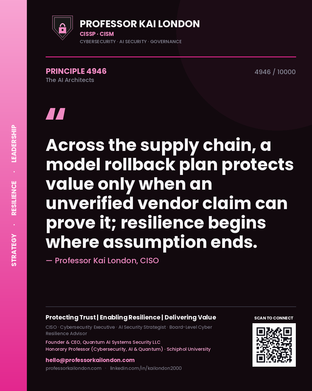 Professor Kai London principle 4946: Across the supply chain, a model rollback plan protects value only when an unverified vendor claim can prove it; resilience begins where assumption ends.