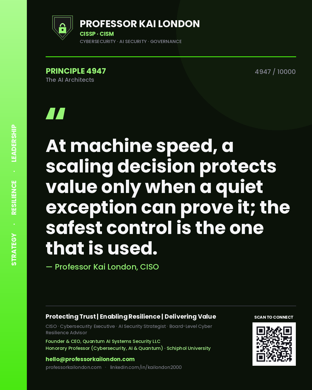 Quote card by Professor Kai London reading 'At machine speed, a scaling decision protects value only when a quiet exception can prove it; the safest control is the one that is used.'. From the book The AI Architects.