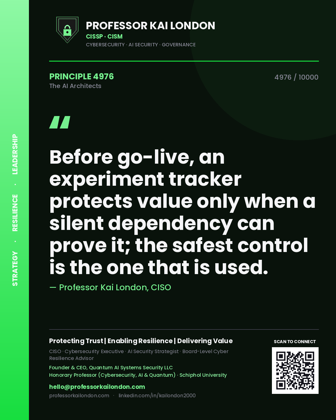 Quote card by Professor Kai London reading 'Before go-live, an experiment tracker protects value only when a silent dependency can prove it; the safest control is the one that is used.'. From the book The AI Architects.