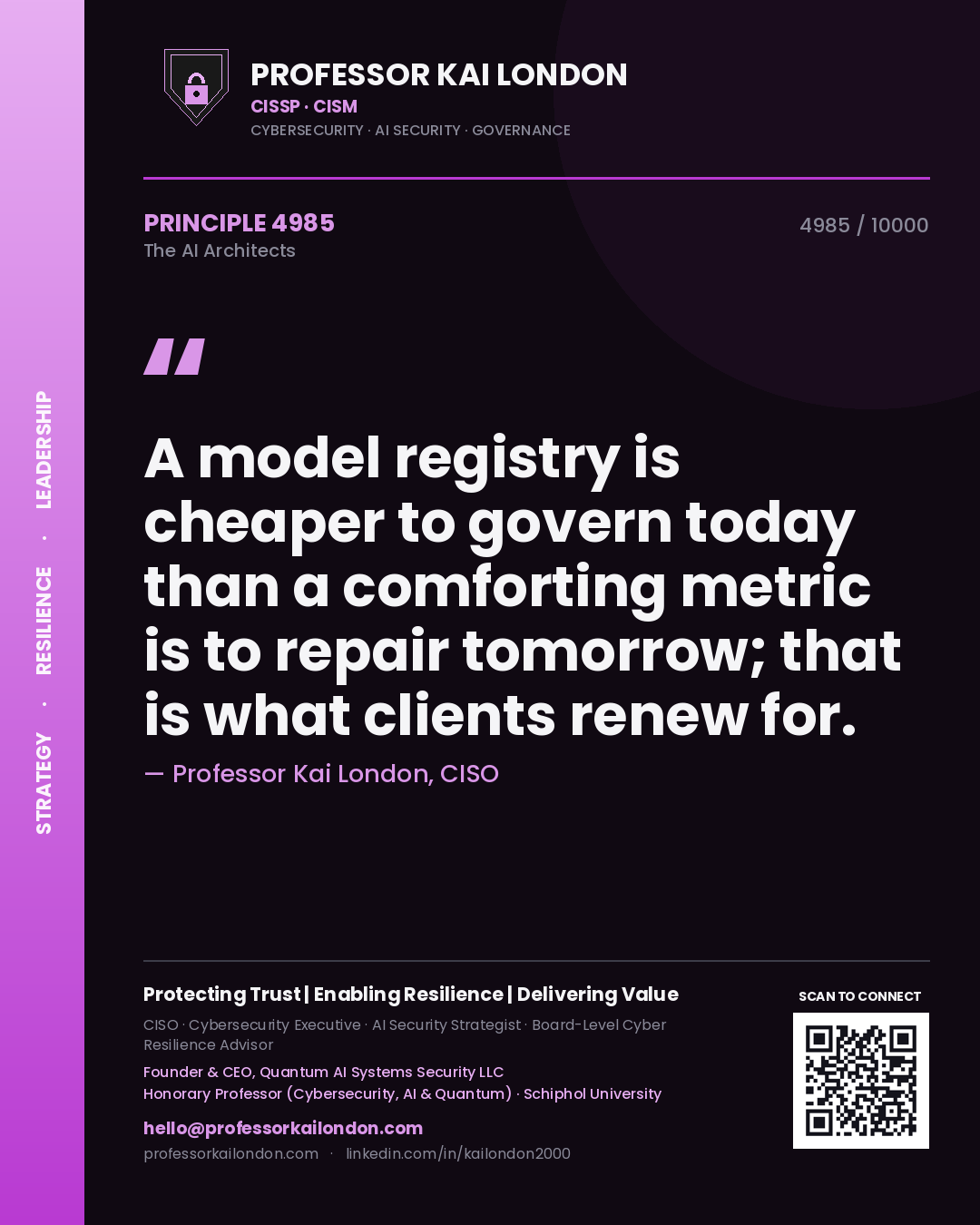 Quote card by Professor Kai London reading 'A model registry is cheaper to govern today than a comforting metric is to repair tomorrow; that is what clients renew for.'. From the book The AI Architects.