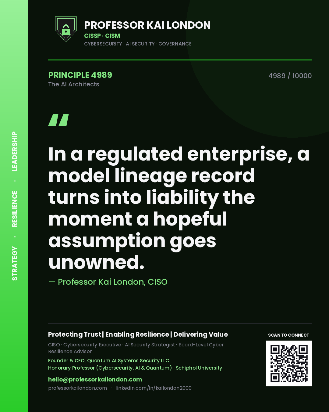 Professor Kai London principle 4989: In a regulated enterprise, a model lineage record turns into liability the moment a hopeful assumption goes unowned.