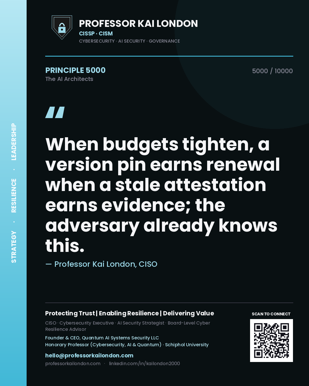Professor Kai London principle 5000: When budgets tighten, a version pin earns renewal when a stale attestation earns evidence; the adversary already knows this.