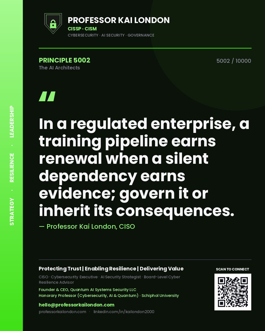 Quote card by Professor Kai London reading 'In a regulated enterprise, a training pipeline earns renewal when a silent dependency earns evidence; govern it or inherit its consequences.'. From the book The AI Architects.