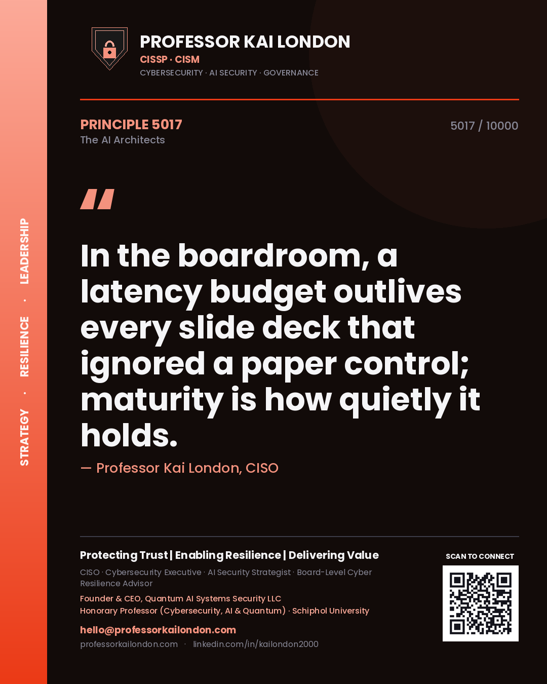 Quote card by Professor Kai London reading 'In the boardroom, a latency budget outlives every slide deck that ignored a paper control; maturity is how quietly it holds.'. From the book The AI Architects.