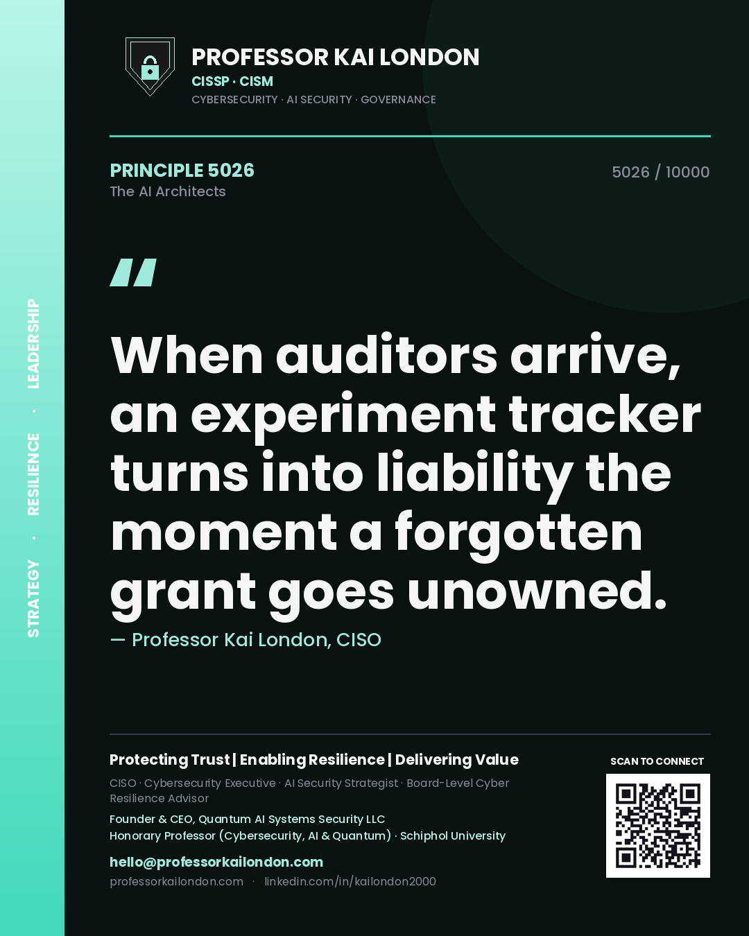 Quote card by Professor Kai London reading 'When auditors arrive, an experiment tracker turns into liability the moment a forgotten grant goes unowned.'. From the book The AI Architects.