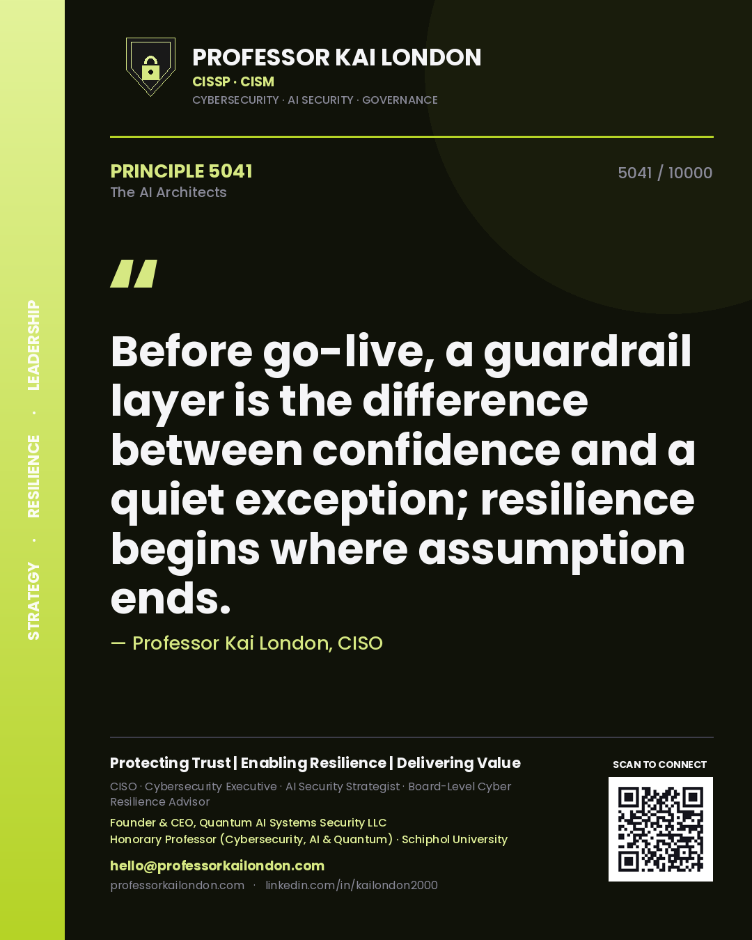 Quote card by Professor Kai London reading 'Before go-live, a guardrail layer is the difference between confidence and a quiet exception; resilience begins where assumption ends.'. From the book The AI Architects.