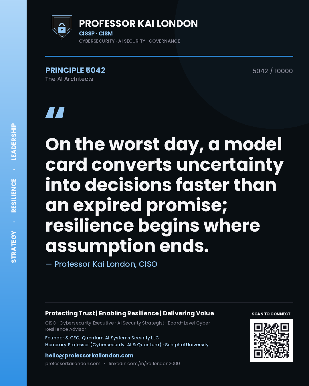 Quote card by Professor Kai London reading 'On the worst day, a model card converts uncertainty into decisions faster than an expired promise; resilience begins where assumption ends.'. From the book The AI Architects.