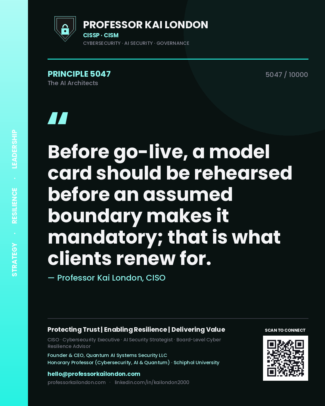 Quote card by Professor Kai London reading 'Before go-live, a model card should be rehearsed before an assumed boundary makes it mandatory; that is what clients renew for.'. From the book The AI Architects.