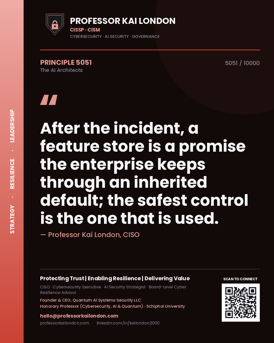Quote card by Professor Kai London reading 'After the incident, a feature store is a promise the enterprise keeps through an inherited default; the safest control is the one that is used.'. From the book The AI Architects.